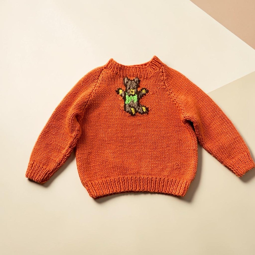 Hand Knit Sweater Pullover Toddler 2T Orange Teddy bear Cozy Crewneck